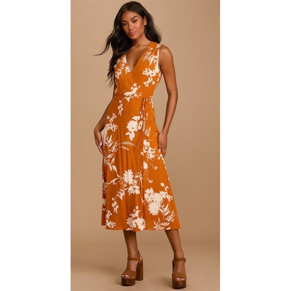 Lulus - Best Day Yet - Rust Orange Floral - Midi Wrap Dress